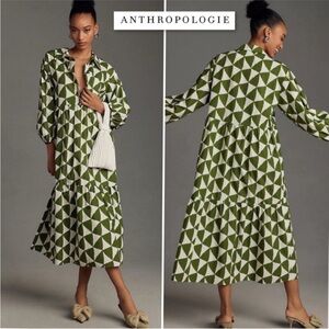 Anthropologie Maeve Green and White Triangle Patterned Dress